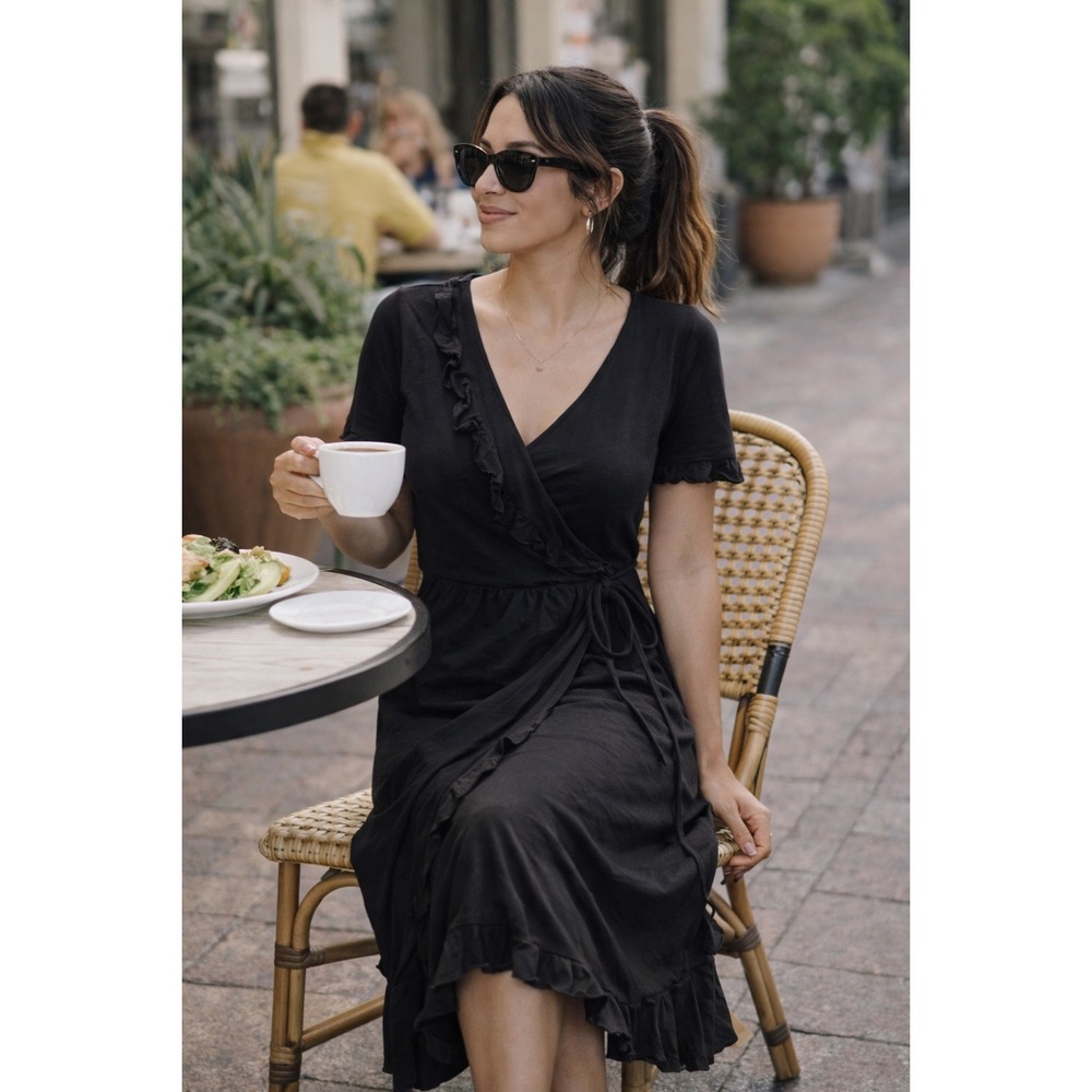 Velvet by Graham‎ & Spencer Black Wrap Midi Dress SP Petite Ruffle Hem USA Made